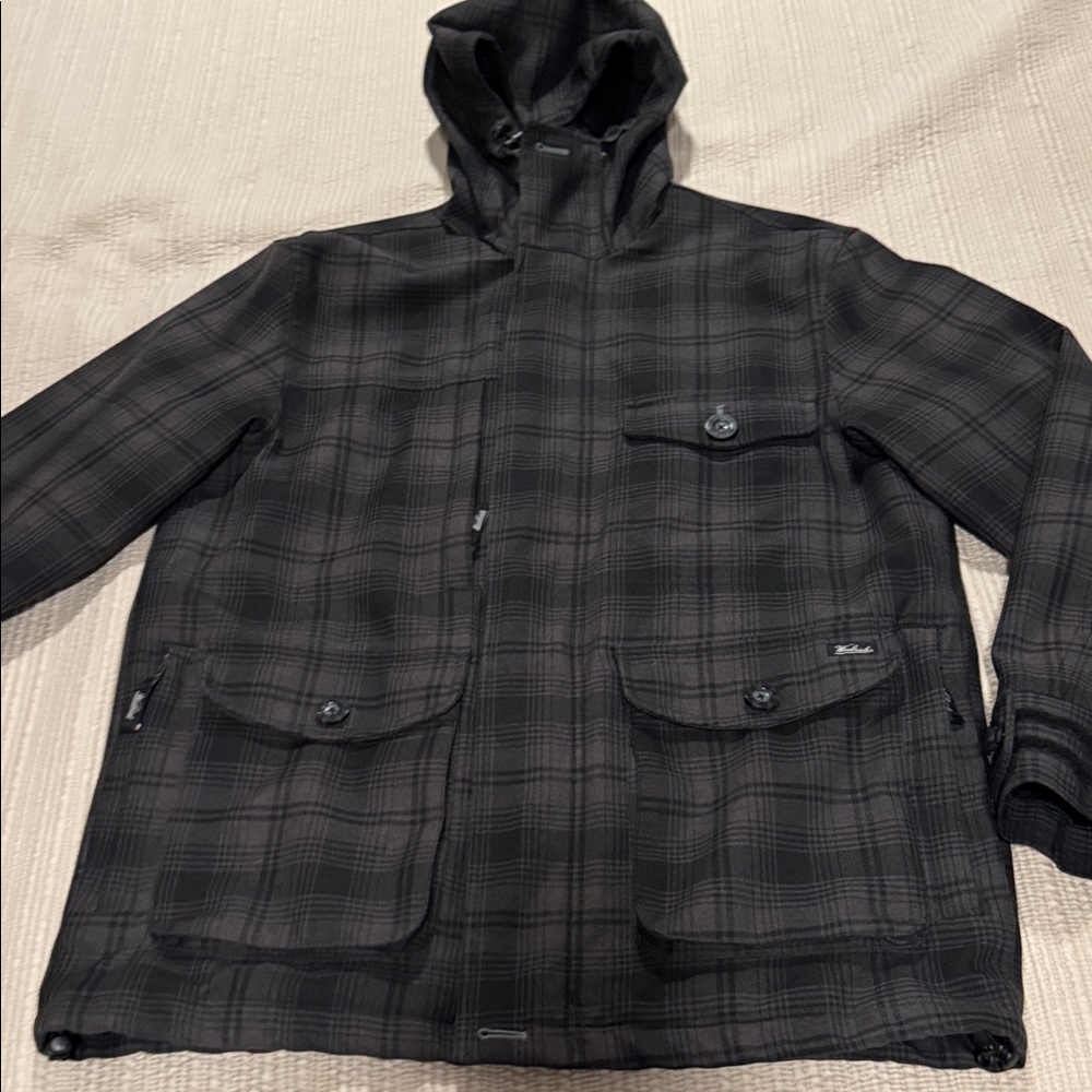 Woolrich Black Plaid Lightweight Hooded Shirt Jacket